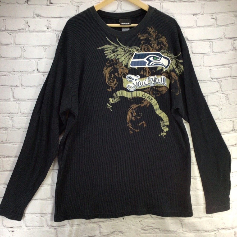 Reebok Waffle Weave Seahawks Shirt Mens Sz XL Black Thermal Top